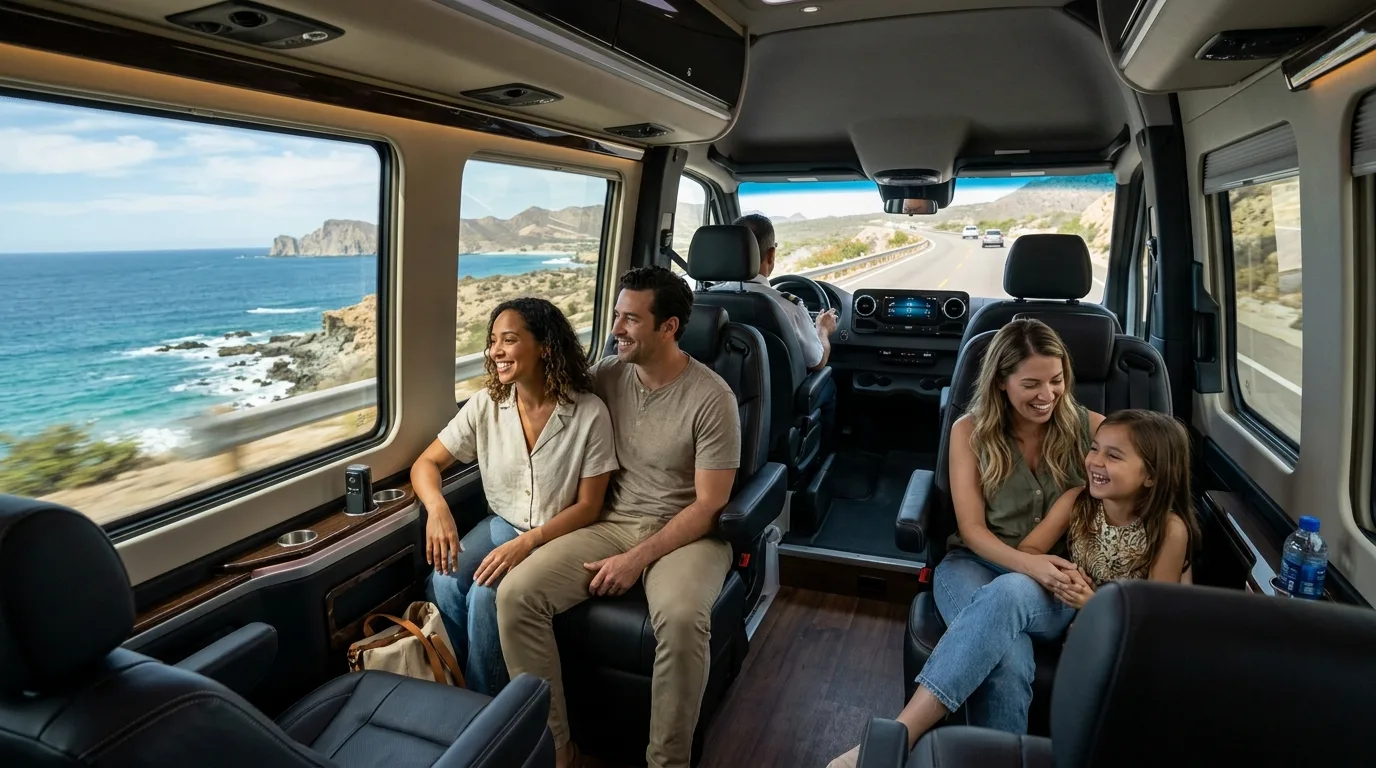 Relaxing Journey with Private Transportation in Los Cabos Comfortable passengers enjoying a private shuttle ride through the scenic Los Cabos coastline, highlighting spaciousness and relaxation during a SJD airport transfer.