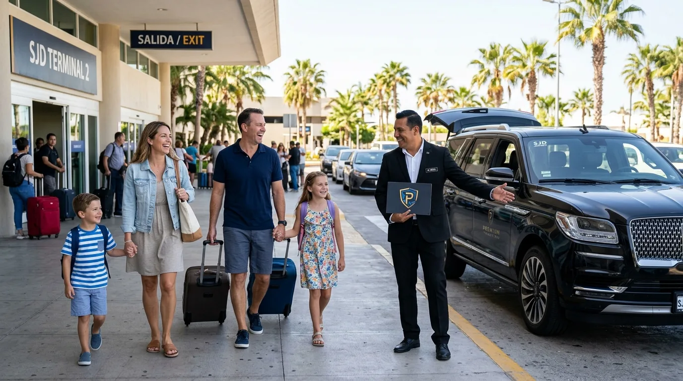 Stress-Free Family Arrival with Private Airport Transfer in Los Cabos A family being warmly greeted by a uniformed private shuttle driver at Los Cabos International Airport (SJD) exit, ready for their direct transfer to their resort.