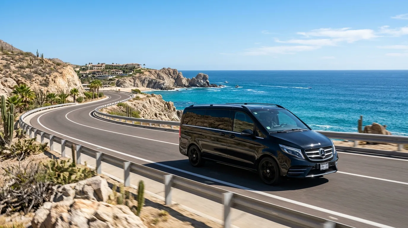 Luxury black SUV driving along the scenic Los Cabos coastline, representing premium private transportation in Cabo San Lucas.