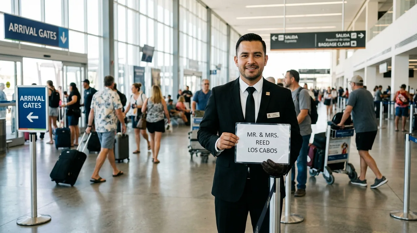 Professional chauffeur awaiting passengers at SJD Airport arrivals with a name sign, symbolizing efficient Cabo airport private transfers.