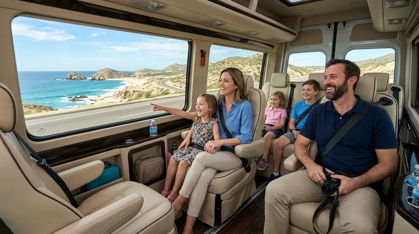 Happy family comfortably riding in a spacious private transfer van, highlighting family-friendly luxury car service Los Cabos.