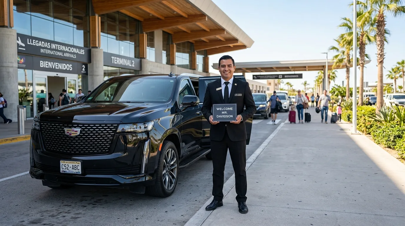 Professional private transportation driver greeting guests at Los Cabos International Airport SJD with a sign.