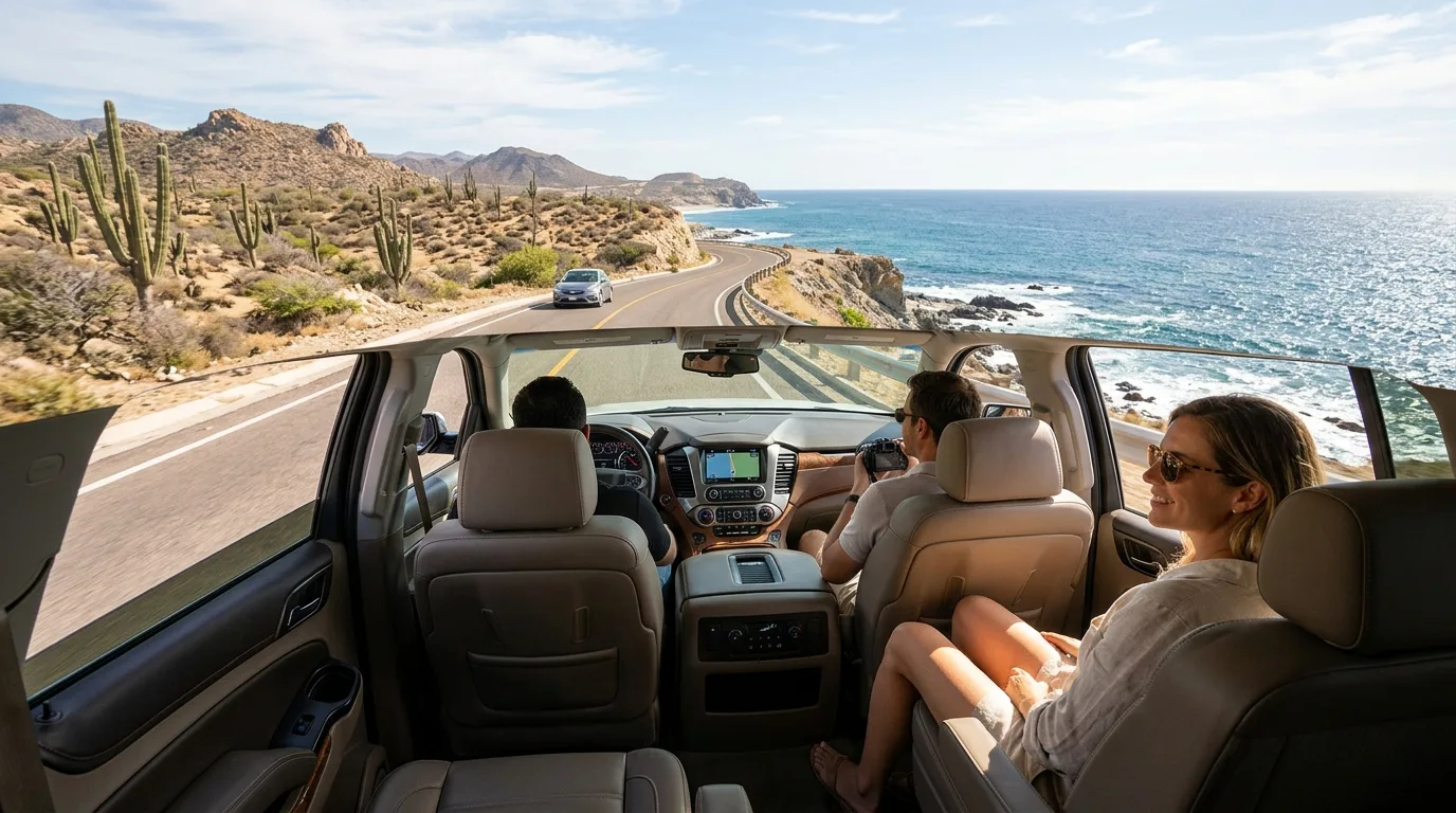 Comfortable passengers enjoying scenic private transportation drive along Los Cabos coastline.