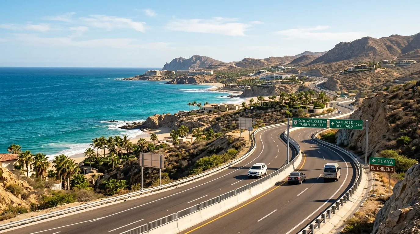Scenic coastal highway in Los Cabos with a car driving, overlooking the ocean and resorts.