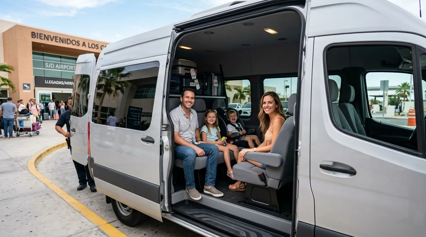 Family with children comfortably inside a spacious private shuttle van at SJD Airport.
