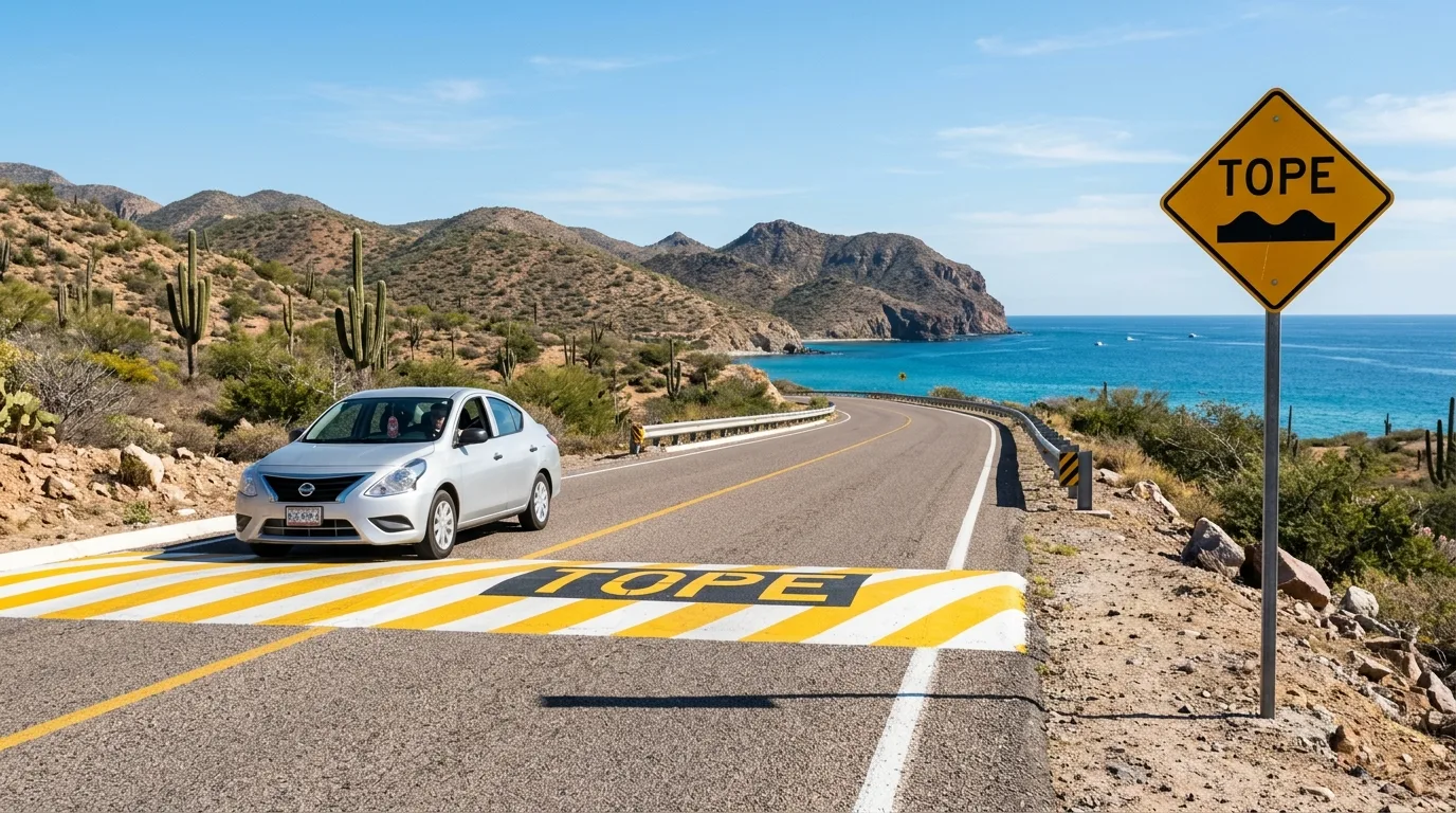 A "tope" (speed bump) sign and a speed bump on a road in Los Cabos, with a car approaching carefully.