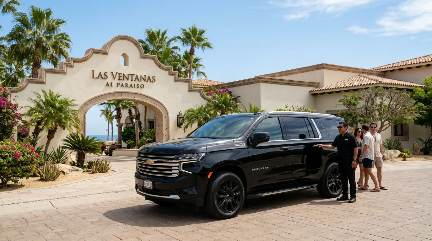 Luxury SUV parked at a resort in San Jose del Cabo for private transportation.
