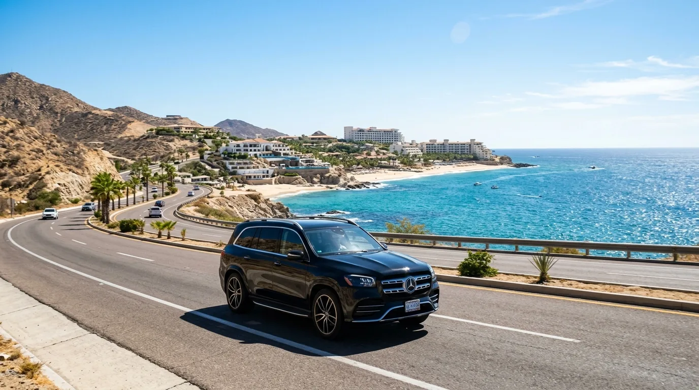 Luxury SUV driving along the Los Cabos Tourist Corridor with ocean and resorts