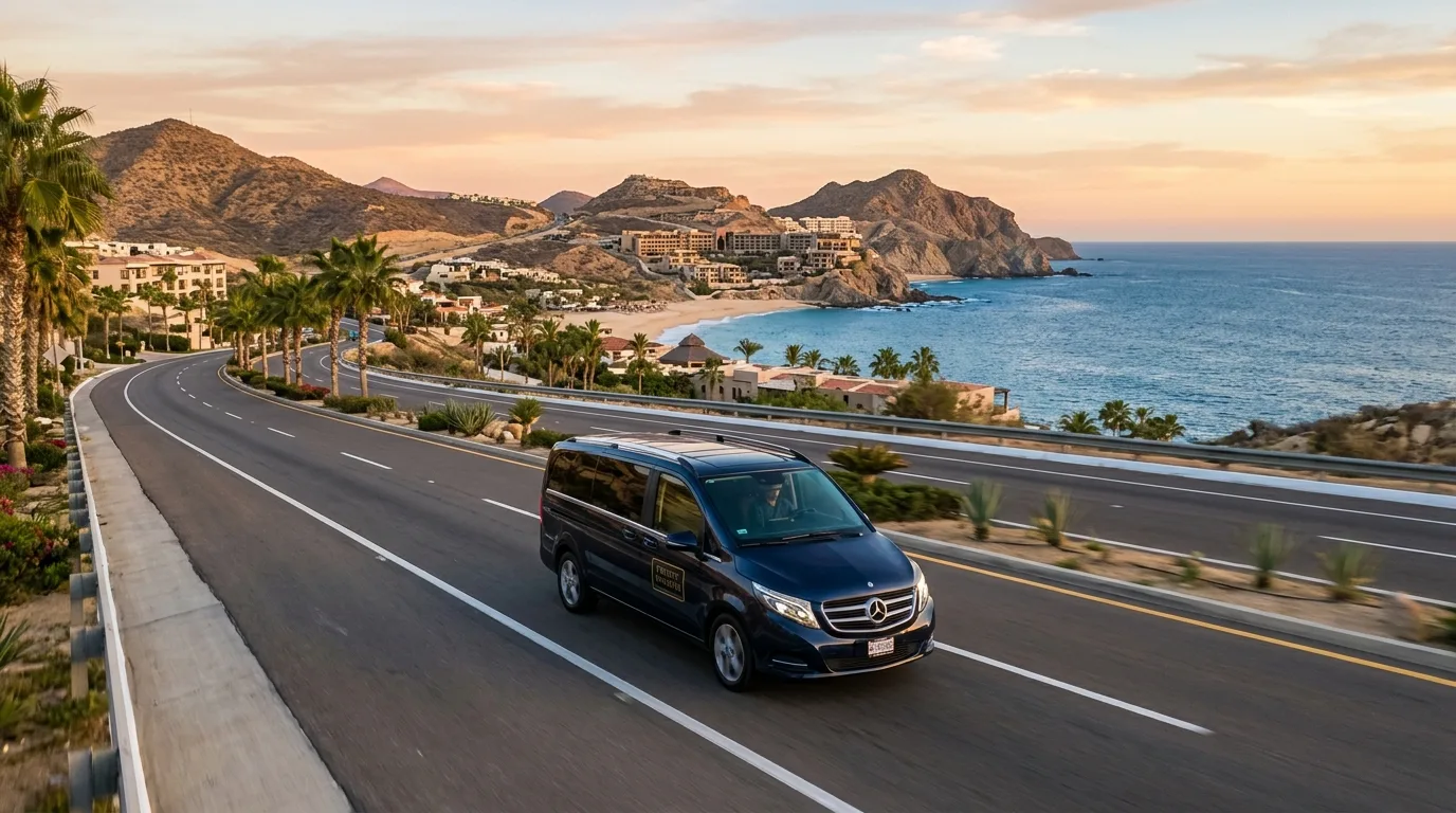 Professional chauffeur assisting travelers with luggage into a private luxury van at SJD Airport