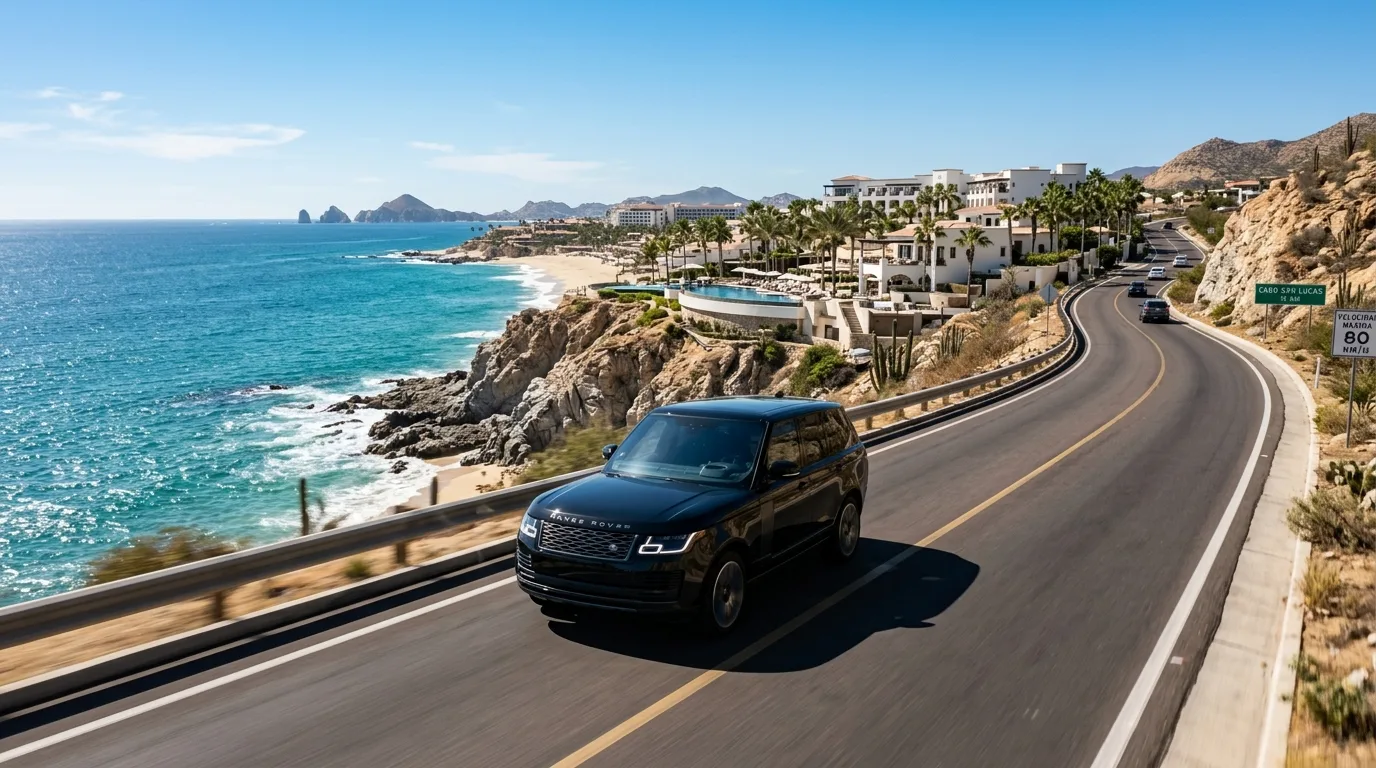 Luxury black SUV driving on the scenic highway of the Los Cabos Tourist Corridor with resorts and ocean views.